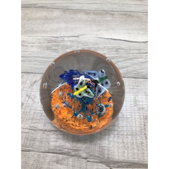 Art Glass Paperweight -  Org/Blu/Yllw Trees Blu/Grn Butterflies w/ Blk Spots - Picture 1 of 6